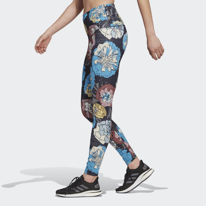 adidas Women's Athletic Running Tights Legging, Allover Floral Print, Blue