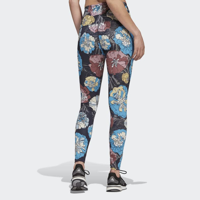 adidas Women's Athletic Running Tights Legging, Allover Floral Print, Blue