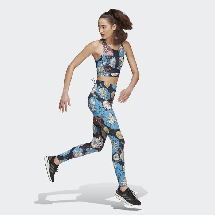 adidas Women's Athletic Running Tights Legging, Allover Floral Print, Blue