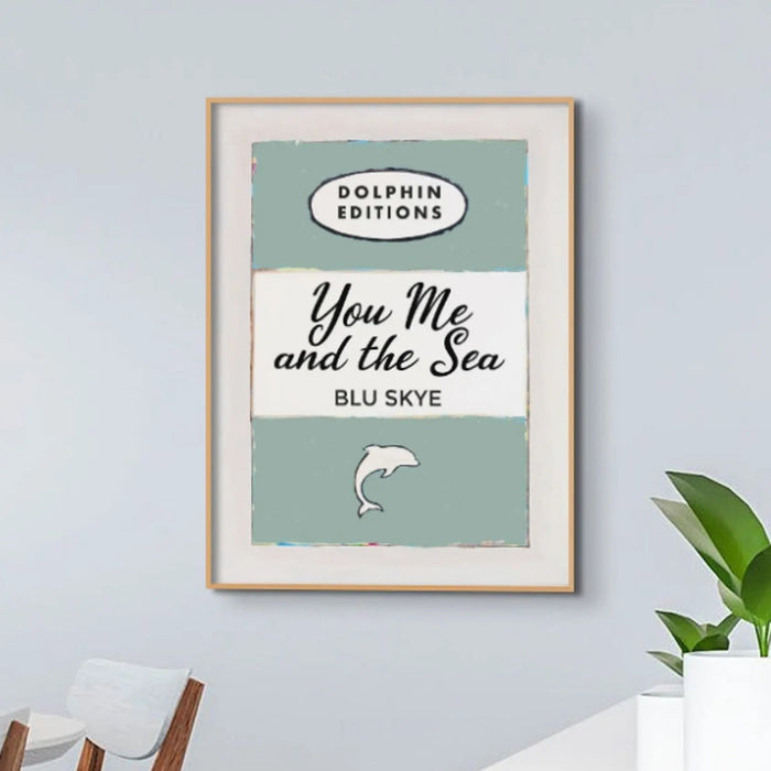 Vintage book cover art print called "You, Me & the Sea" in sage colour without a frame.