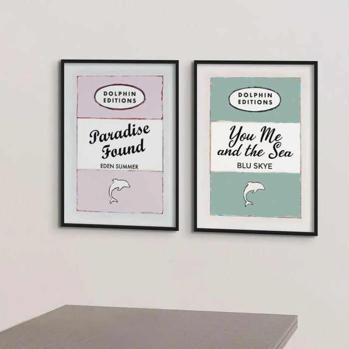 Vintage book cover art print called "You, Me & the Sea" in sage colour without a frame.